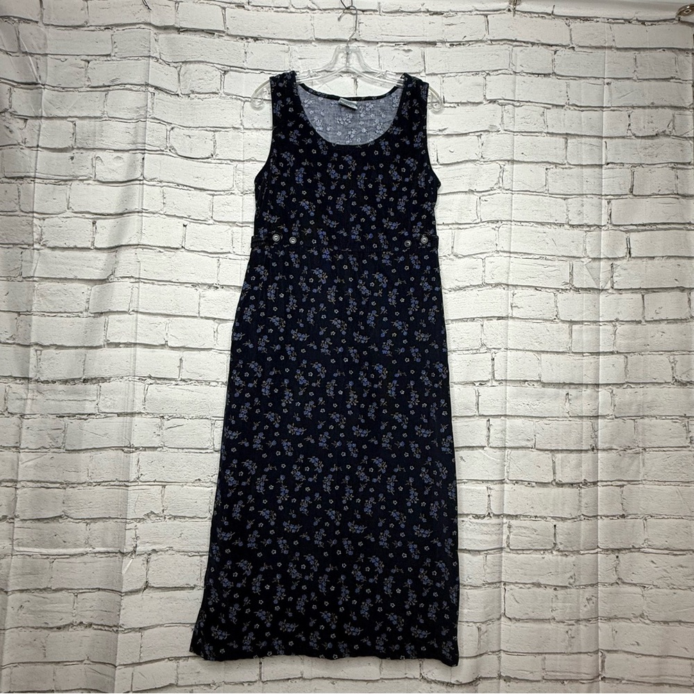 Bobbie Brooks Corduroy Jumper Dress Sz L Blue Floral Country Prairie Cottagecore